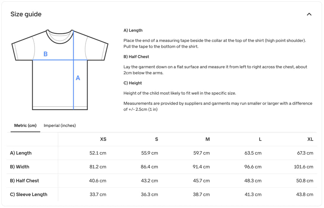 T-shirt size guide chart with measurements in metric and imperial units for sizes xs through xl.
