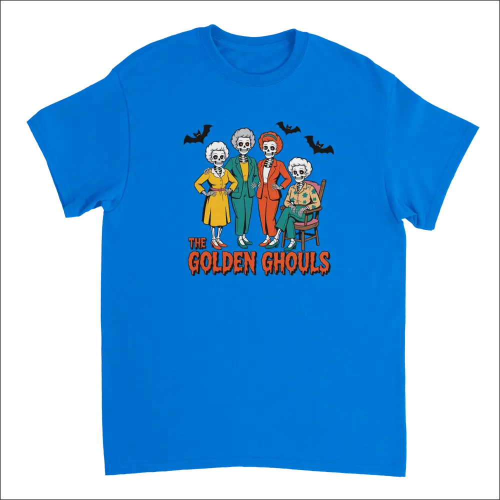 Golden Ghouls t-shirt with skeleton characters and bats graphic