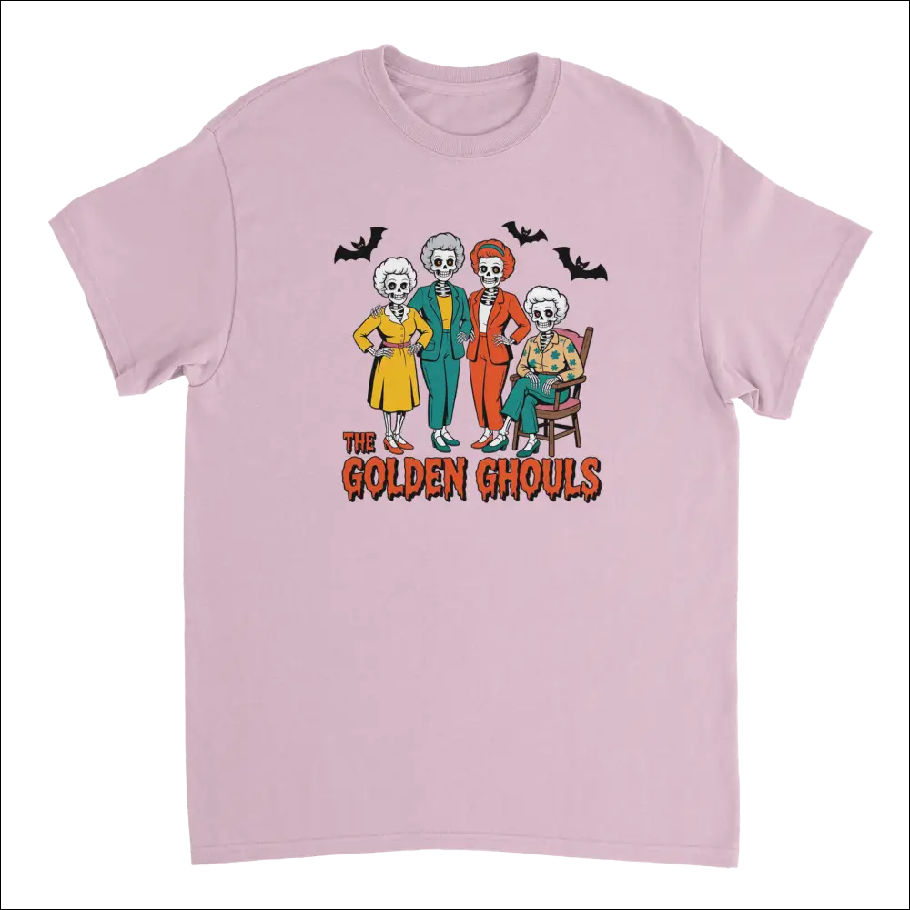 Pink short-sleeved Golden Ghouls t-shirt with colorful skeleton women graphic