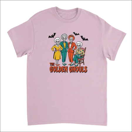 Pink short-sleeved Golden Ghouls t-shirt with colorful skeleton women graphic