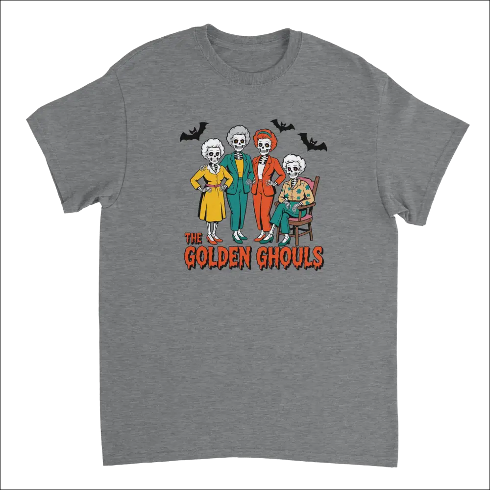Gray heathered Golden Ghouls t-shirt with colorful spooky skeleton women and bats
