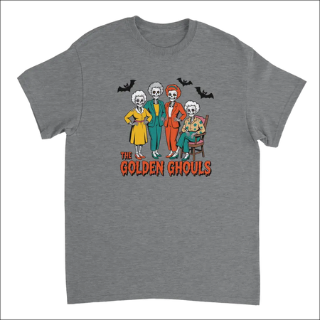Gray heathered Golden Ghouls t-shirt with colorful spooky skeleton women and bats