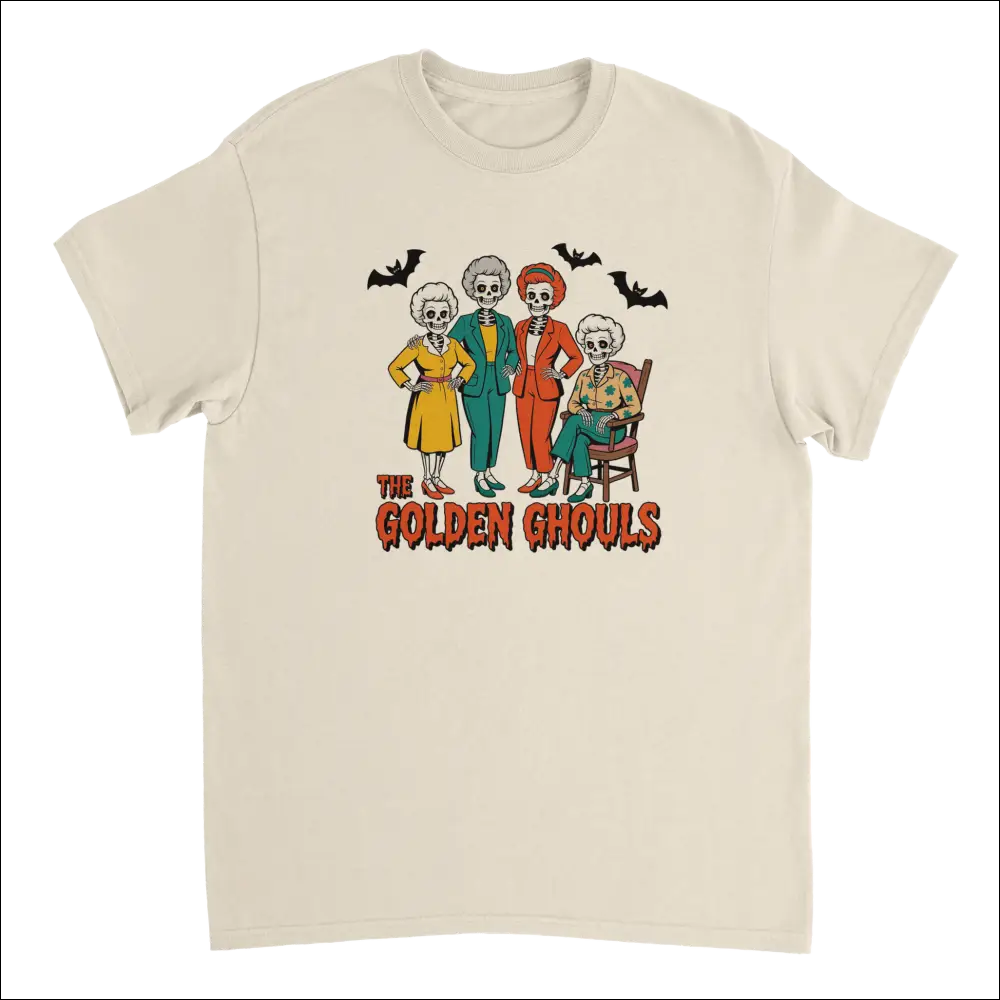 Cream-colored Golden Ghouls t-shirt with spooky skeleton women illustration