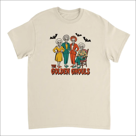 Cream-colored Golden Ghouls t-shirt with spooky skeleton women illustration