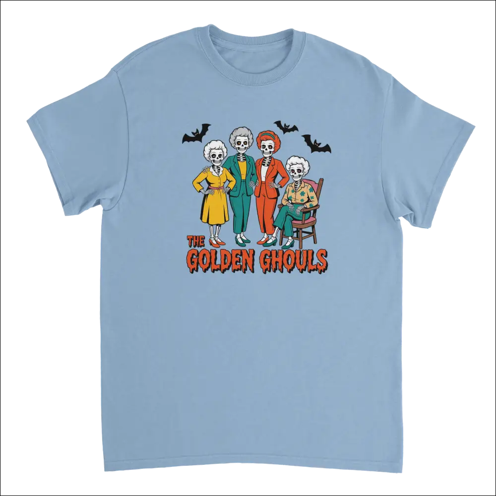 Light blue Golden Ghouls t-shirt with spooky skeleton women graphic