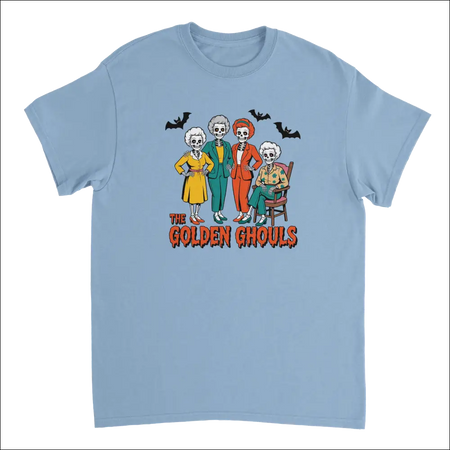 Light blue Golden Ghouls t-shirt with spooky skeleton women graphic