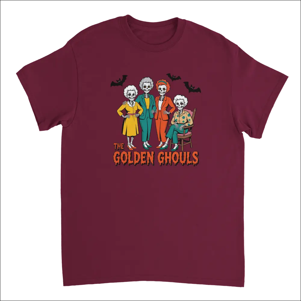 Maroon Golden Ghouls t-shirt with colorful skeleton women graphic