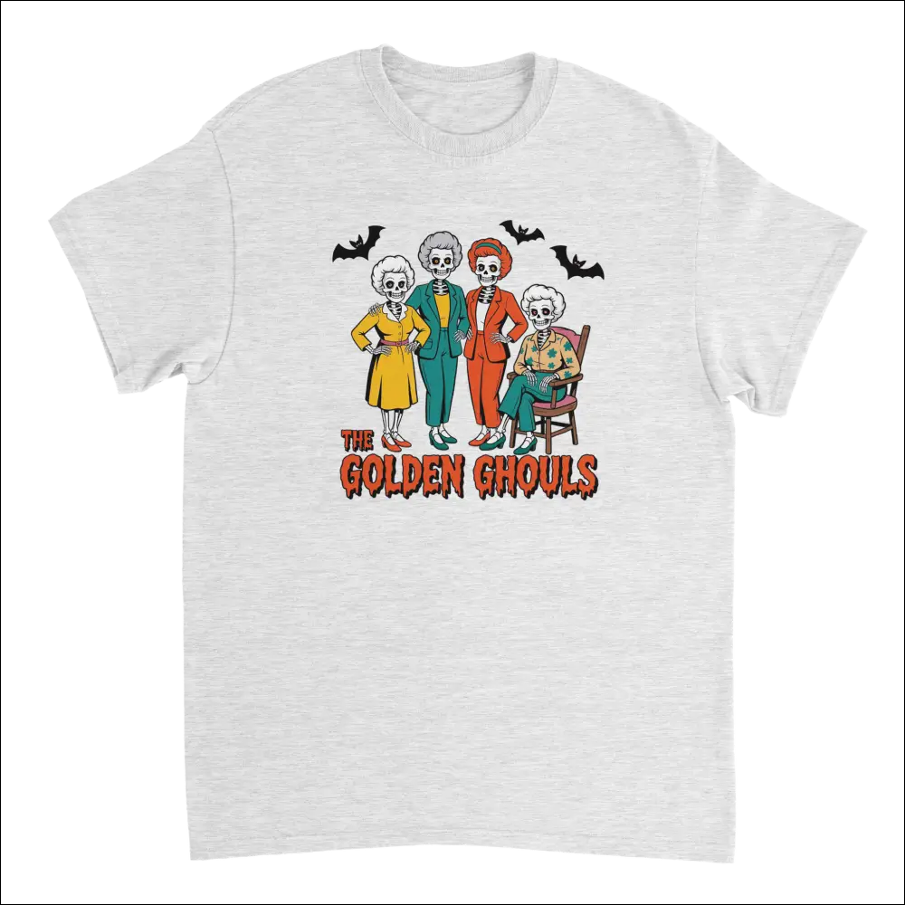 White Golden Ghouls t-shirt with skeleton characters and bats graphic