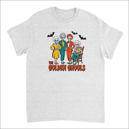 White Golden Ghouls t-shirt with skeleton characters and bats graphic