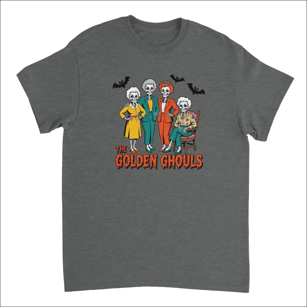 Dark gray Golden Ghouls t-shirt with colorful skeleton women graphic