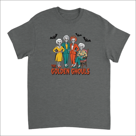 Dark gray Golden Ghouls t-shirt with colorful skeleton women graphic