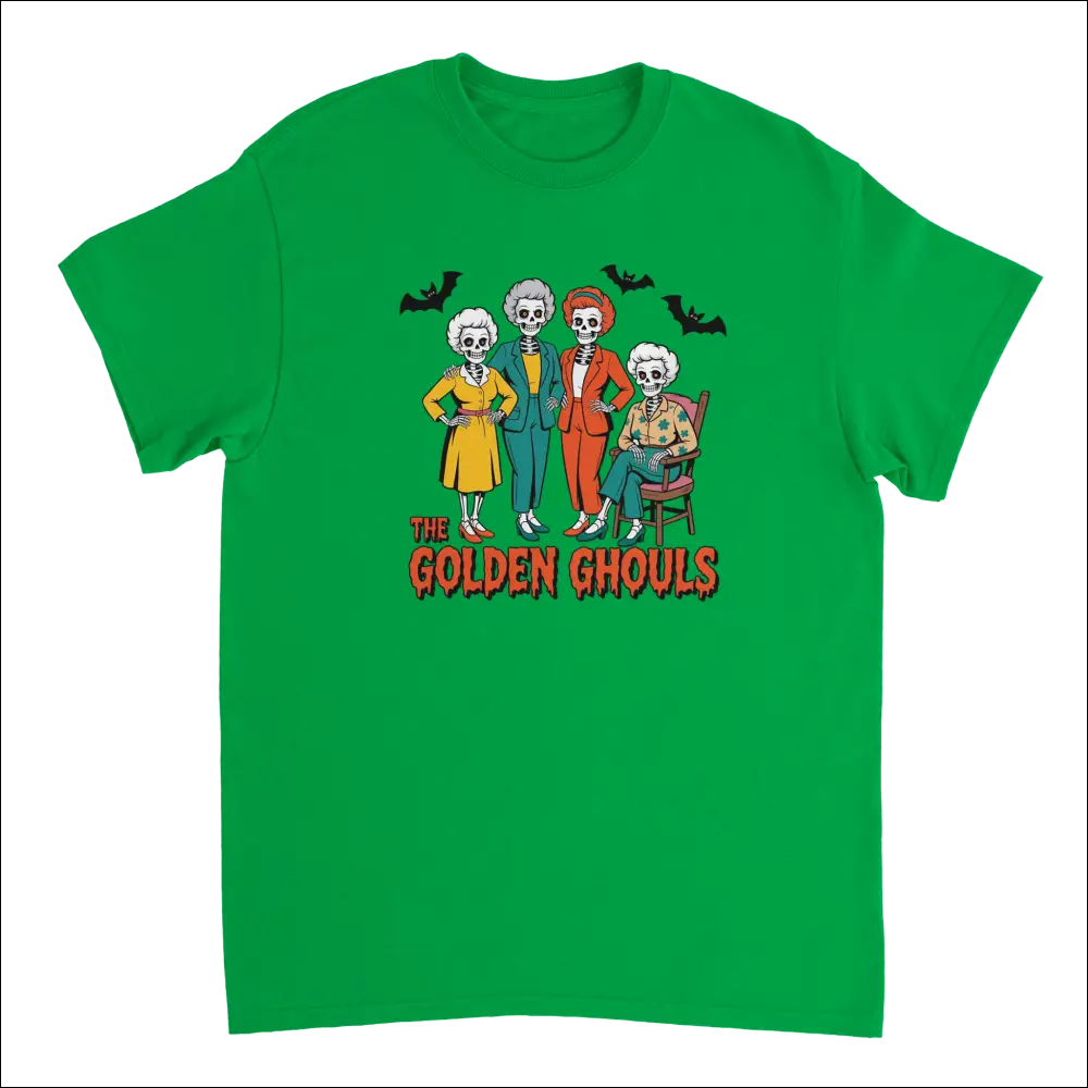 Vibrant green Golden Ghouls t-shirt with spooky skeleton graphic