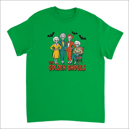 Vibrant green Golden Ghouls t-shirt with spooky skeleton graphic
