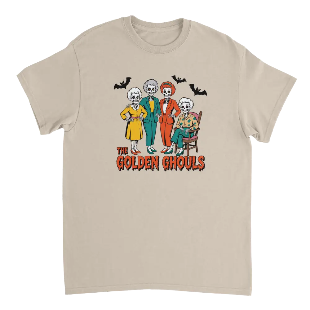 Beige short-sleeved Golden Ghouls t-shirt with colorful skeleton women graphic