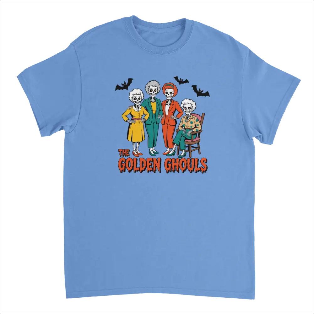 Light blue Golden Ghouls t-shirt with colorful skeleton women graphic