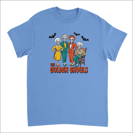 Light blue Golden Ghouls t-shirt with colorful skeleton women graphic