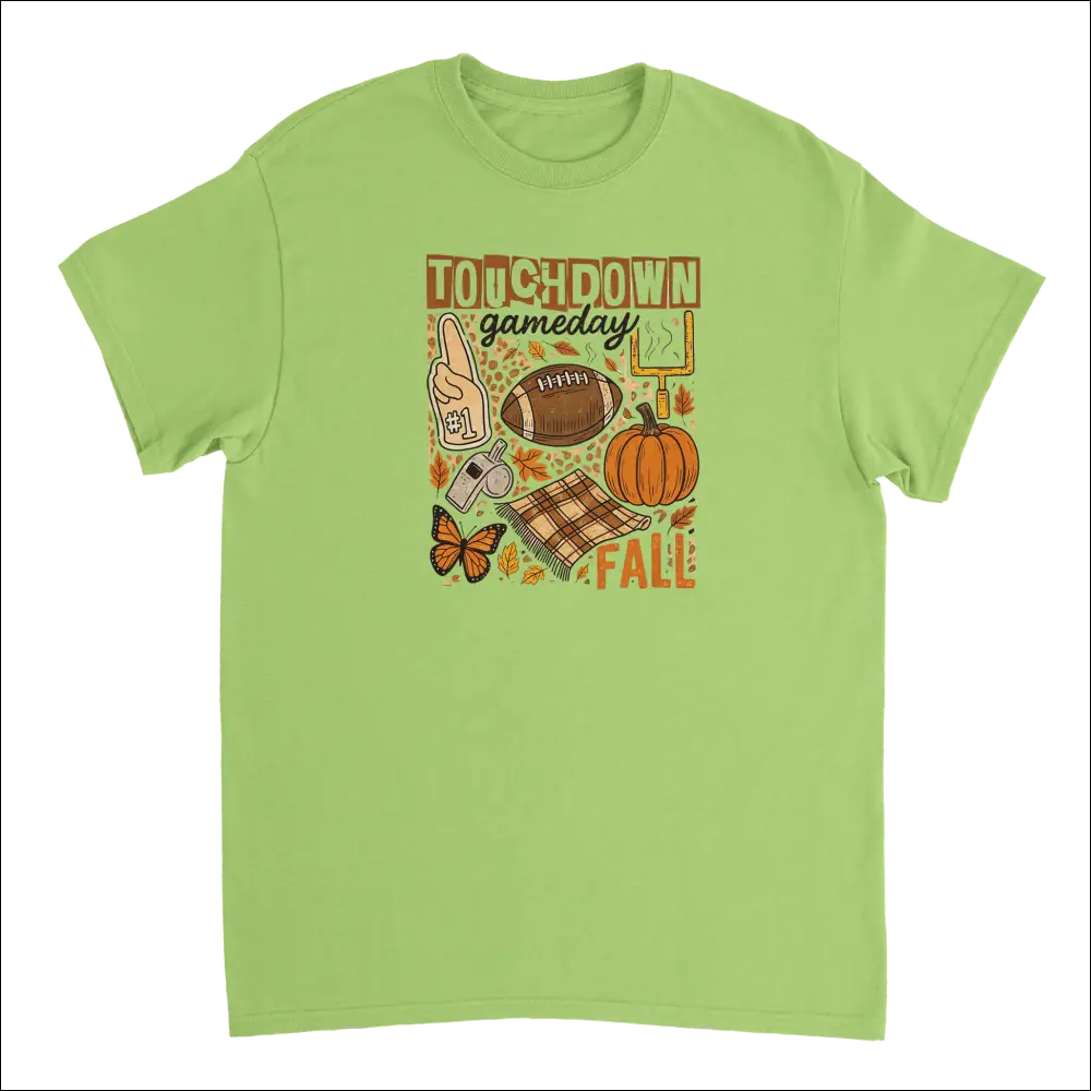 Lime green Touchdown Gameday fall t-shirt with autumn football graphic