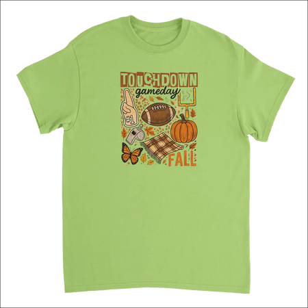Lime green Touchdown Gameday fall t-shirt with autumn football graphic