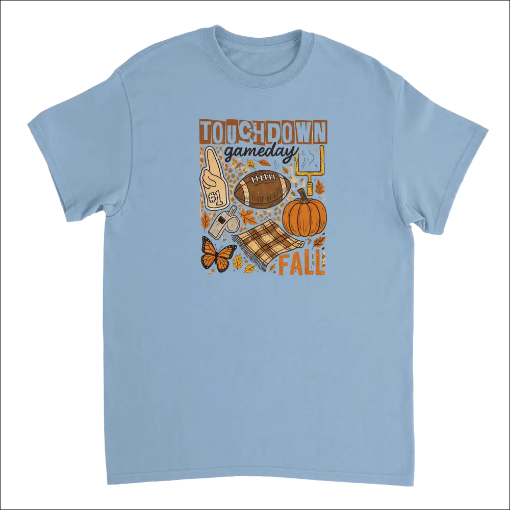 Light blue Touchdown Gameday Fall T-shirt with autumn football, pumpkins, leaves