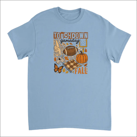 Light blue Touchdown Gameday Fall T-shirt with autumn football, pumpkins, leaves