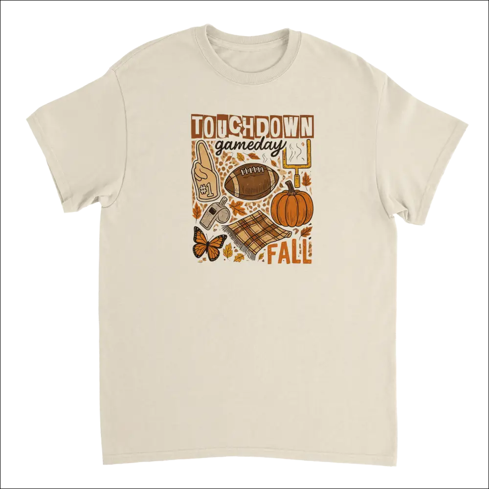 Cream-colored cotton Touchdown Gameday Fall T-shirt with football, pumpkin, leaves