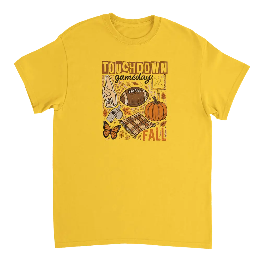 Vibrant yellow Touchdown Gameday Fall T-shirt with autumn football graphic