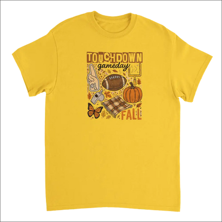 Vibrant yellow Touchdown Gameday Fall T-shirt with autumn football graphic