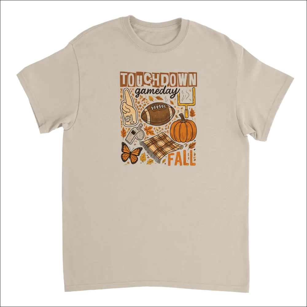 Beige short-sleeved Touchdown Gameday Fall T-shirt with autumn football graphic