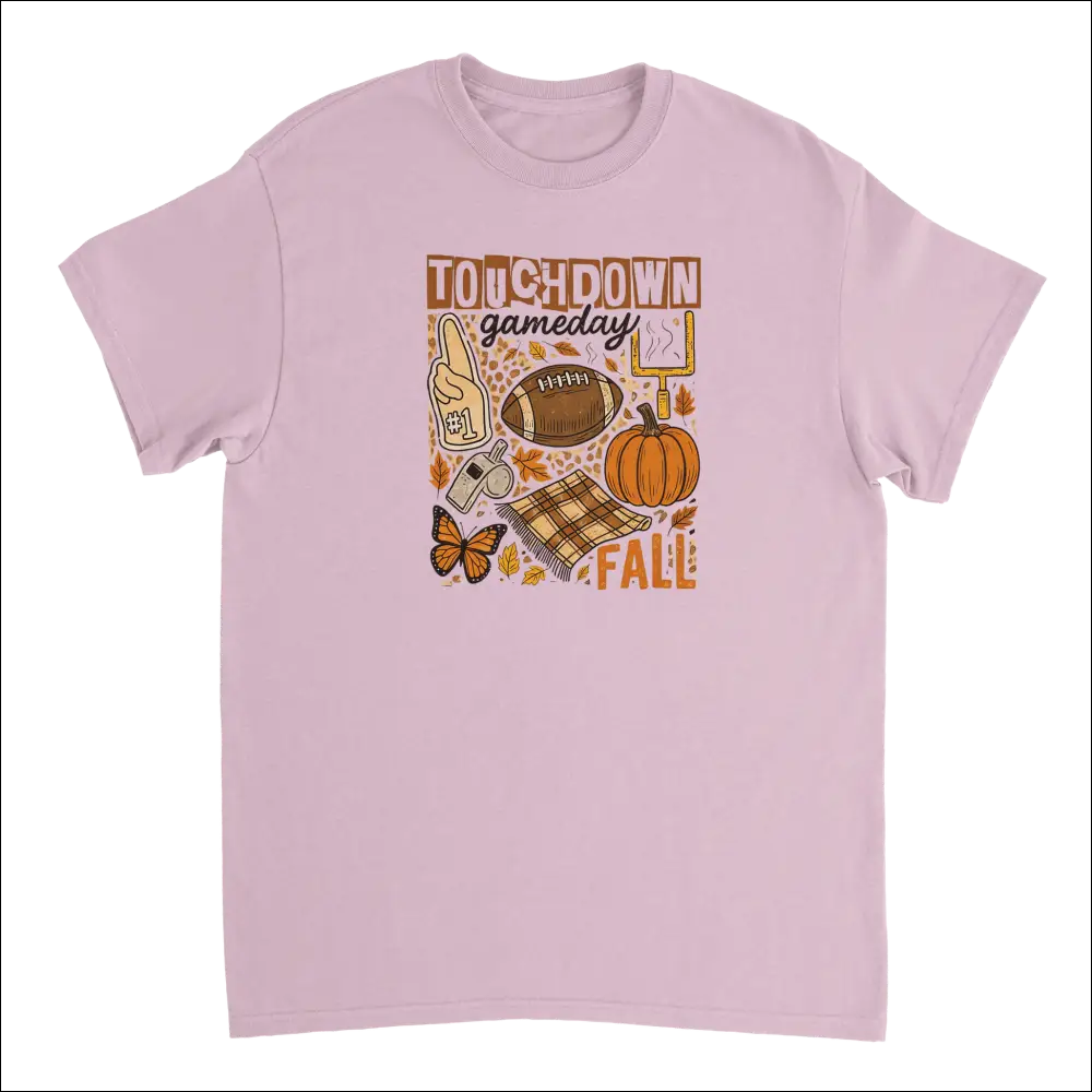 Soft pink Touchdown Gameday t-shirt with autumn football, pumpkins, leaves