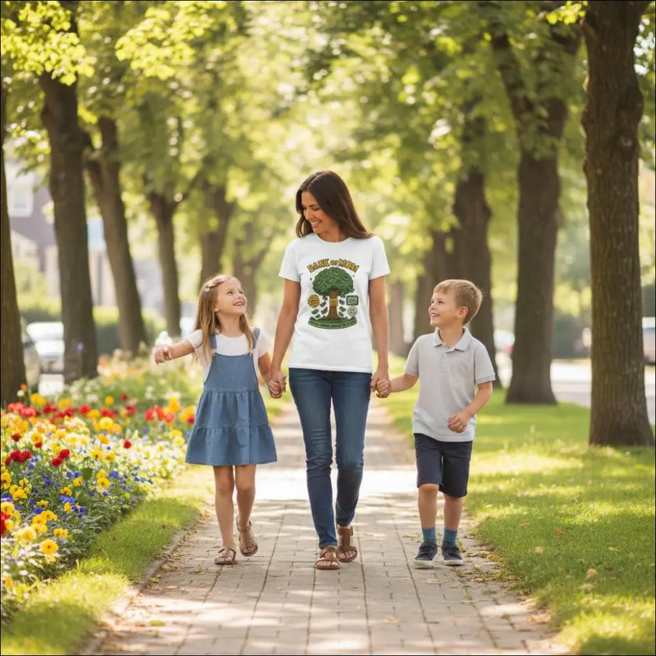 White ultra cotton t-shirt with green tree graphic and Dad of the Year text