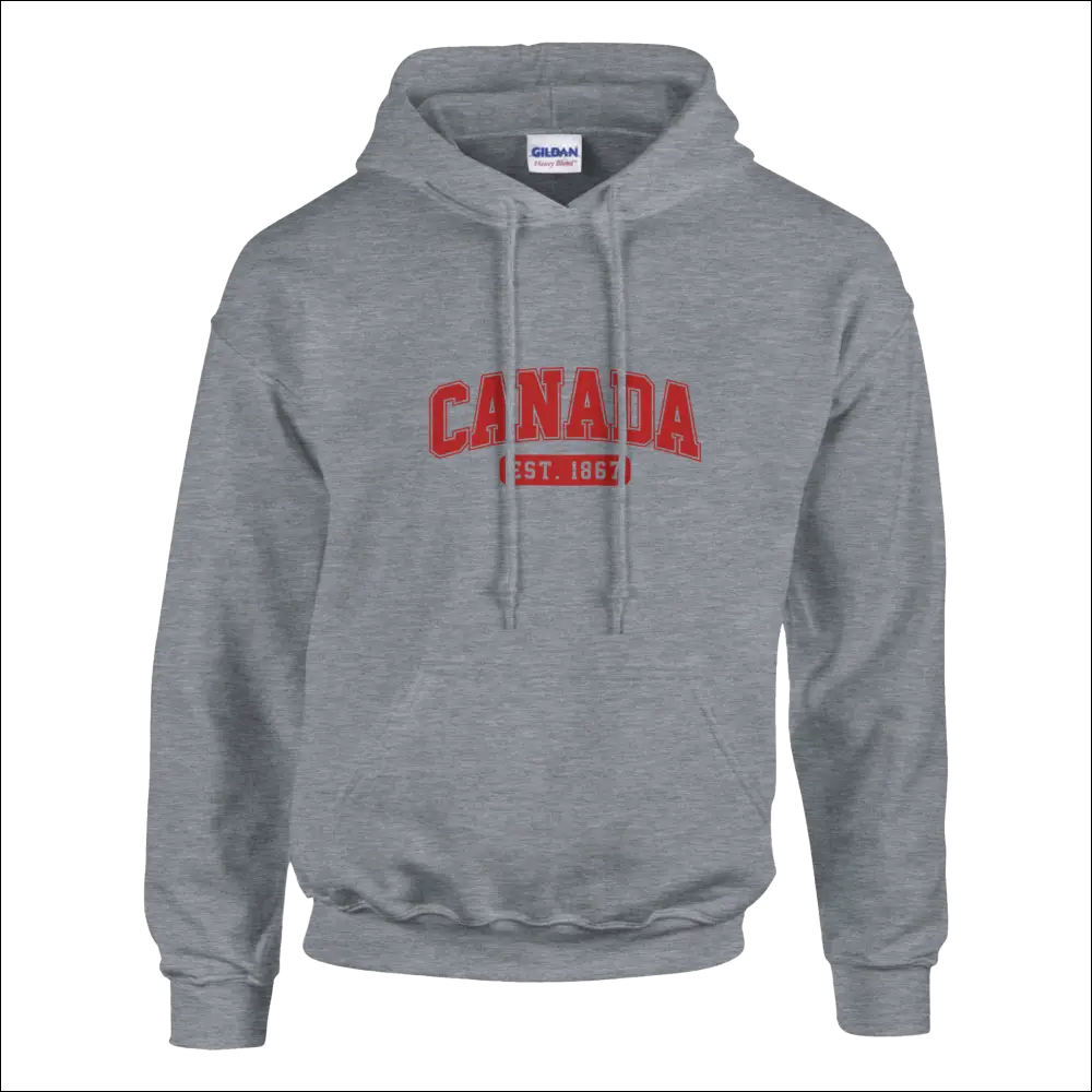 Gray unisex Canada Est. 1867 hoodie with red text on soft heavyweight blend
