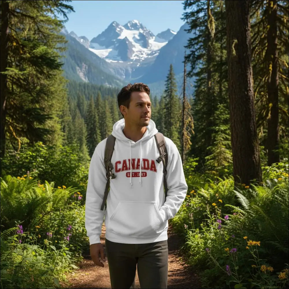 White unisex Canada Est. 1867 hoodie with red lettering and kangaroo logo