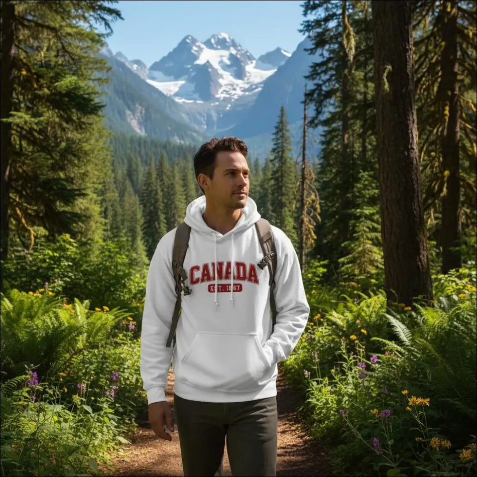 White unisex Canada Est. 1867 hoodie with red lettering and kangaroo logo