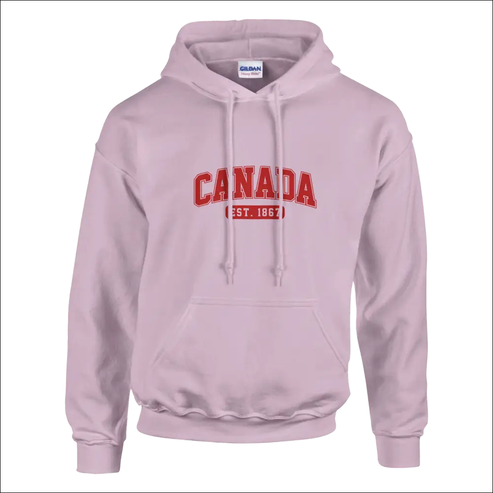 Unisex Canada Est. 1867 hoodie in soft pink with bold red text