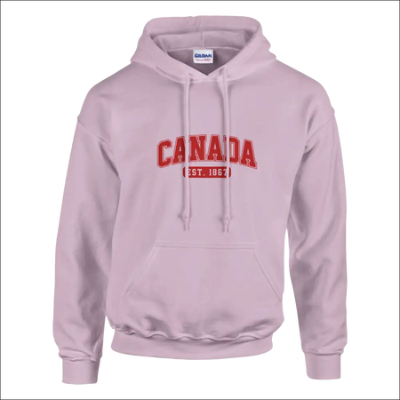 Unisex Canada Est. 1867 hoodie in soft pink with bold red text