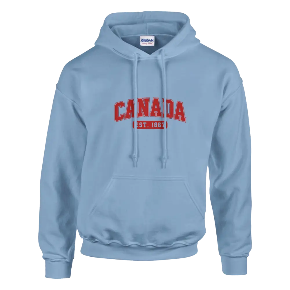 Light blue Gildan unisex Canada Est. 1867 hoodie with red text