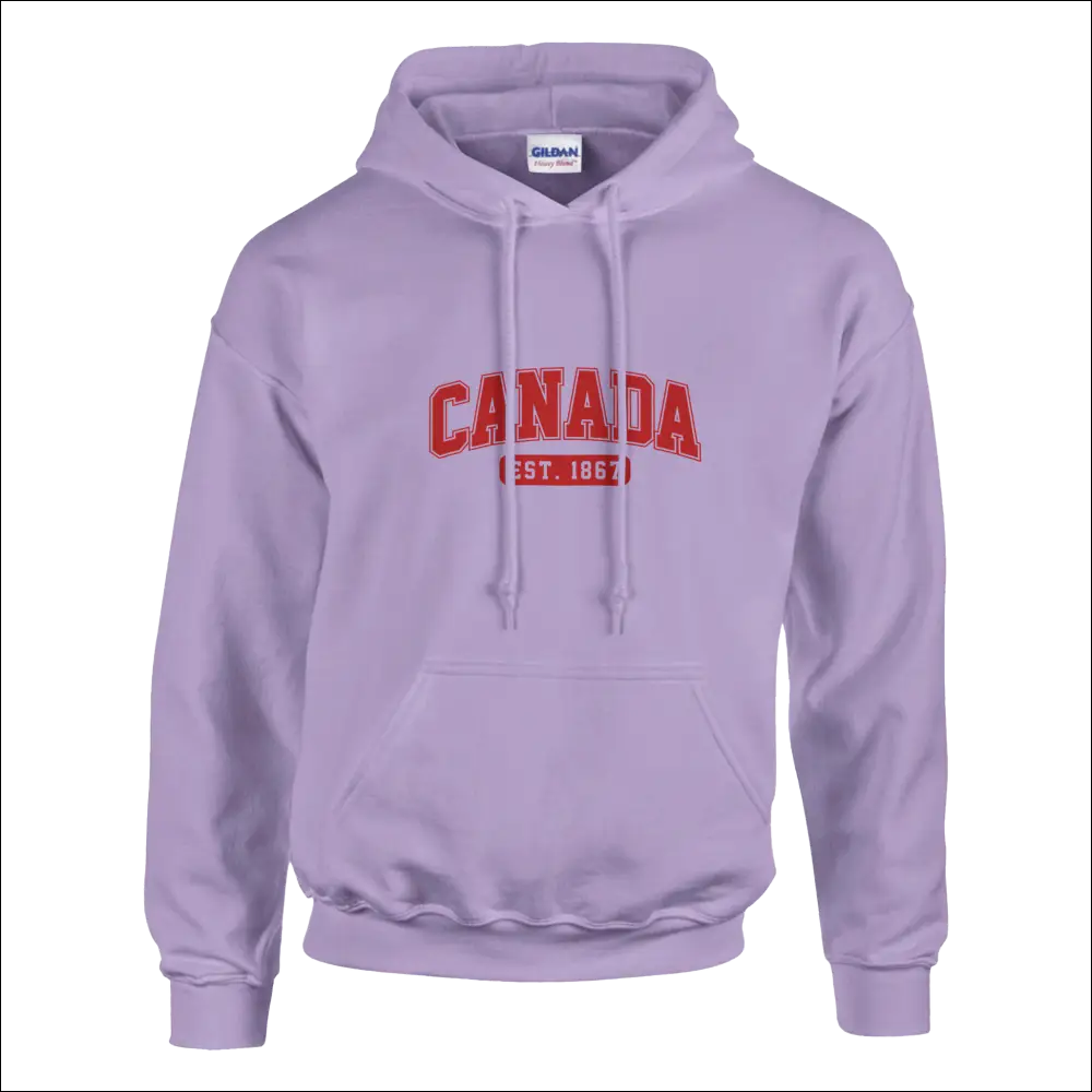 Lavender Gildan unisex Canada Est. 1867 hoodie with bold red text