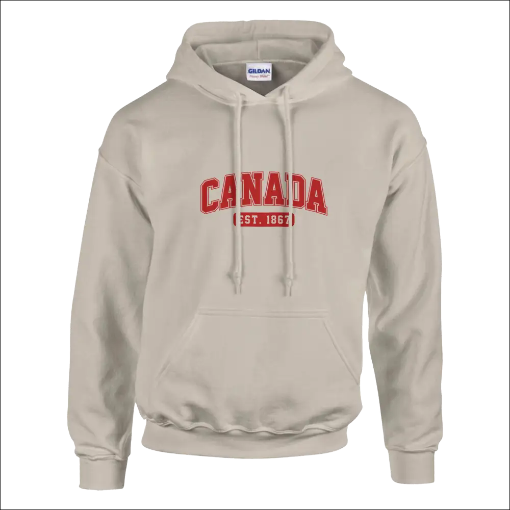 Beige unisex Canada Est. 1867 hoodie with red arched lettering