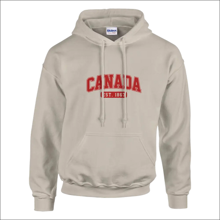 Beige unisex Canada Est. 1867 hoodie with red arched lettering
