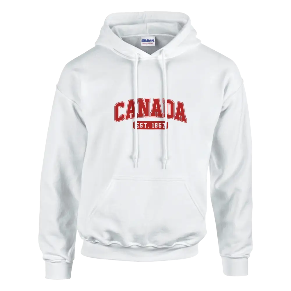 White unisex Canada Est. 1867 hoodie with red text on soft heavyweight blend
