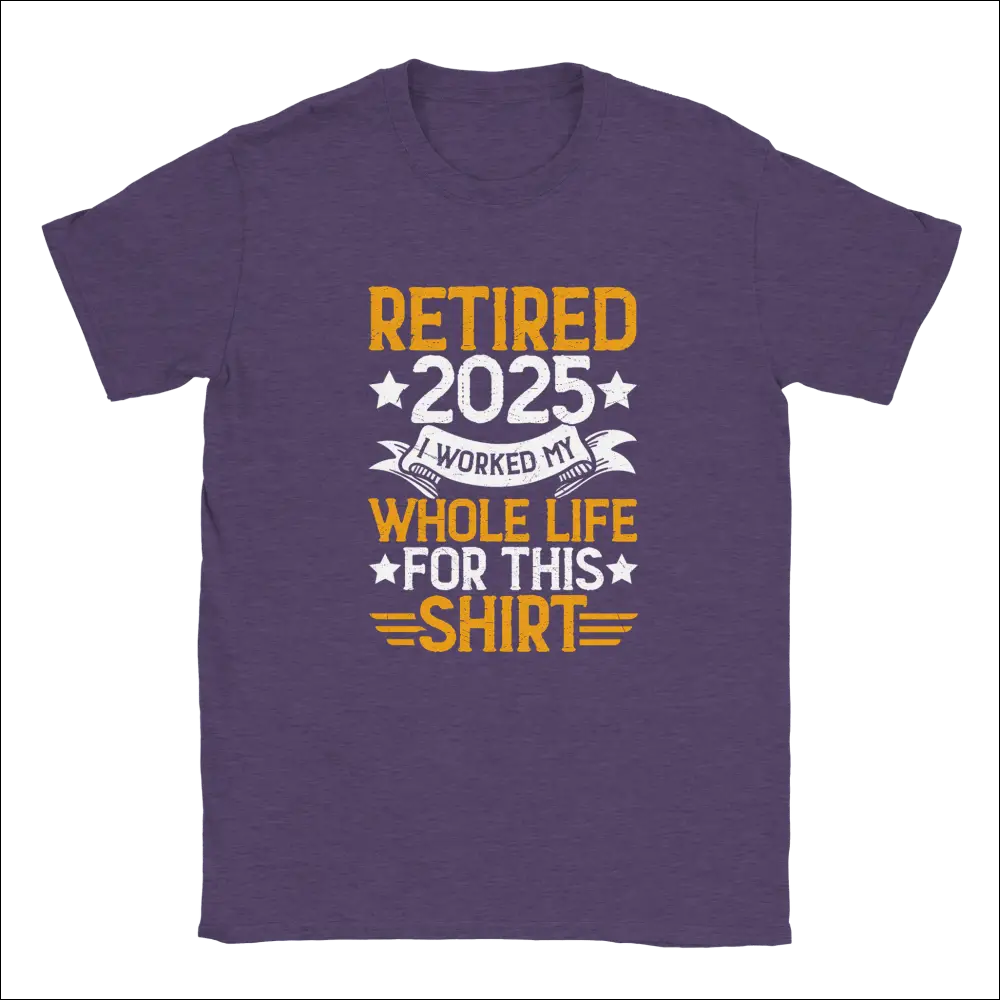 Purple unisex t-shirt with orange white retire 2025 graphic