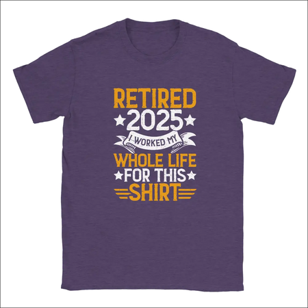 Purple unisex t-shirt with orange white retire 2025 graphic