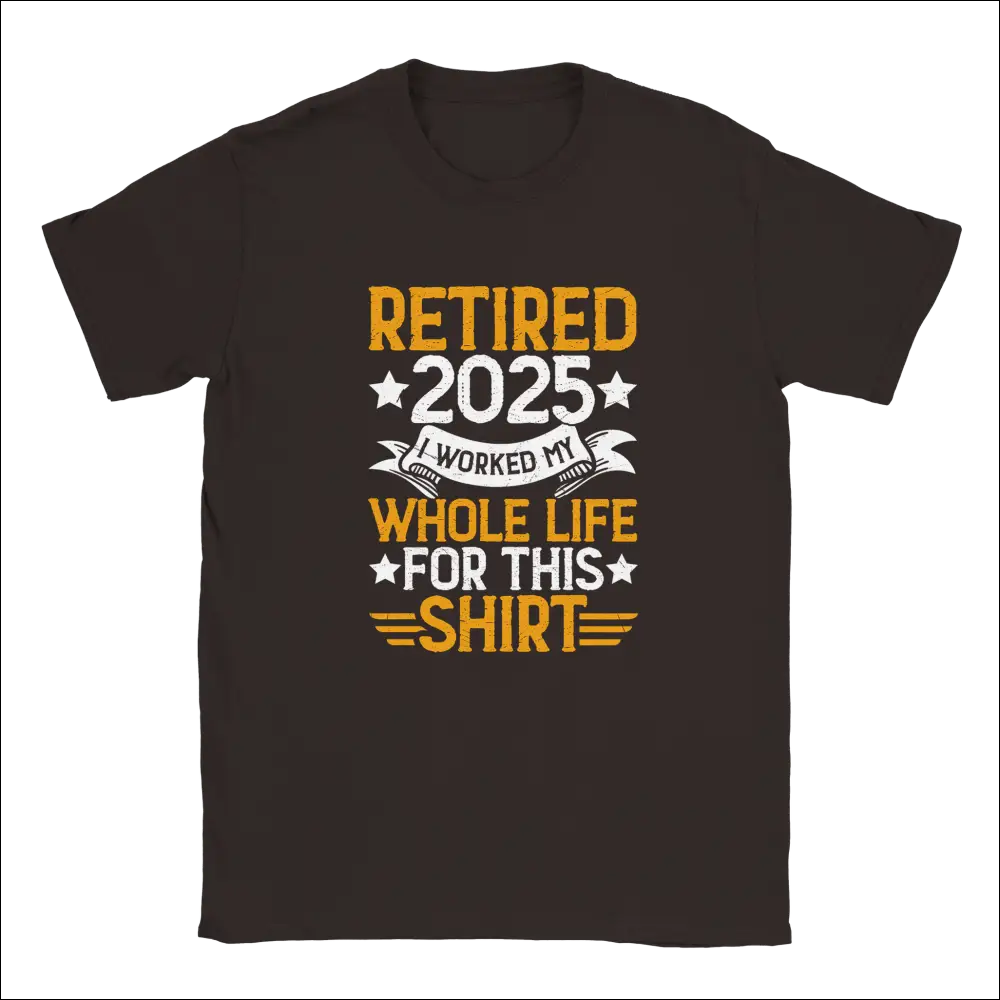 Dark gray unisex t-shirt with bold yellow and white retire 2025 graphic
