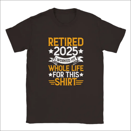 Dark gray unisex t-shirt with bold yellow and white retire 2025 graphic
