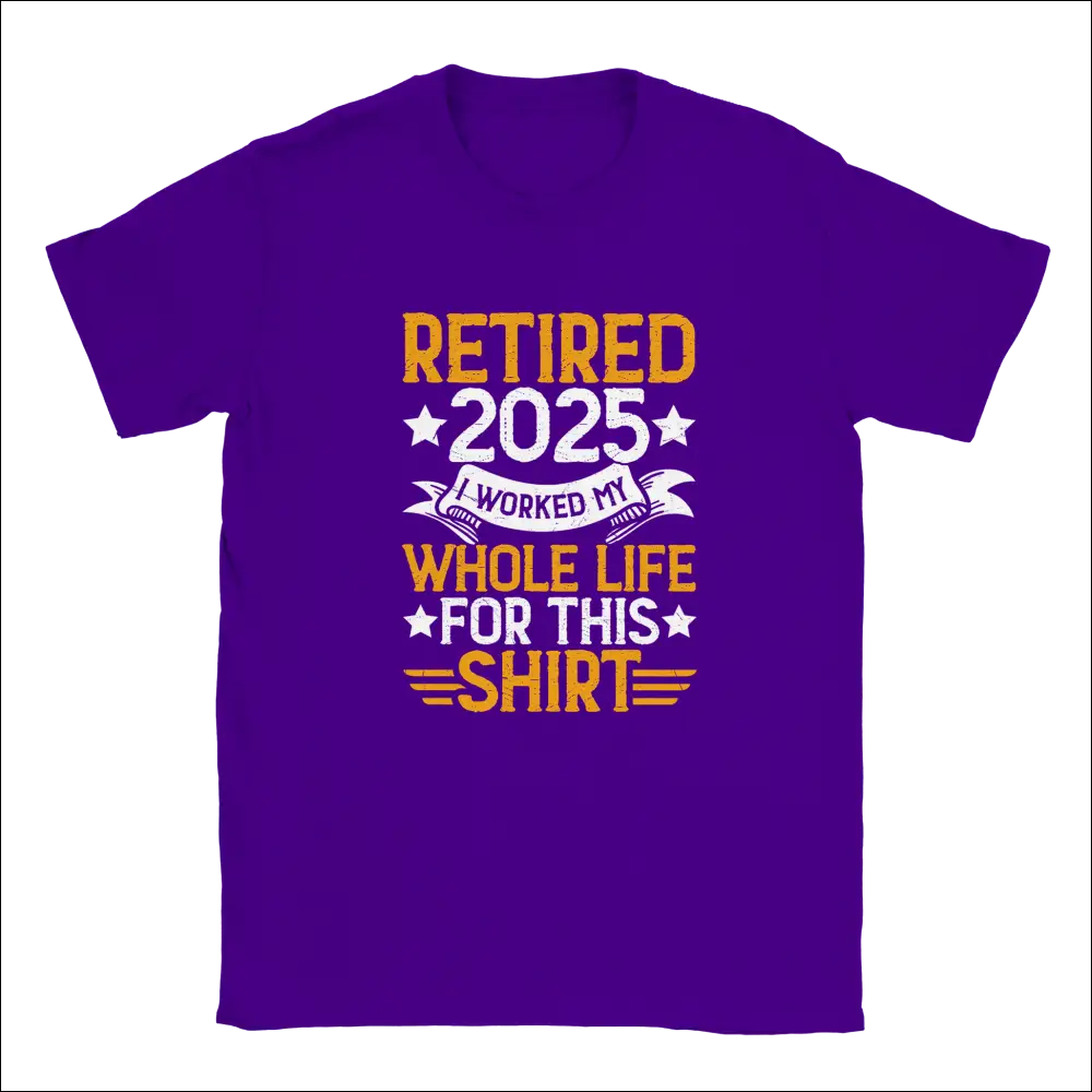 Purple unisex t-shirt with gold retire 2025 graphic and stars