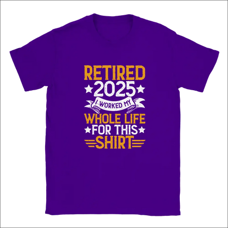 Purple unisex t-shirt with gold retire 2025 graphic and stars