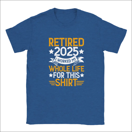 Royal blue unisex t-shirt with retire 2025 graphic