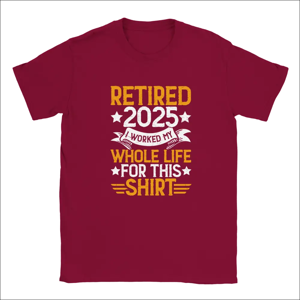 Maroon unisex t-shirt with Retired 2025 graphic and stars