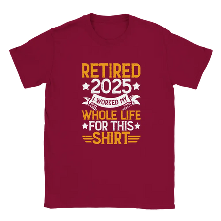 Maroon unisex t-shirt with Retired 2025 graphic and stars