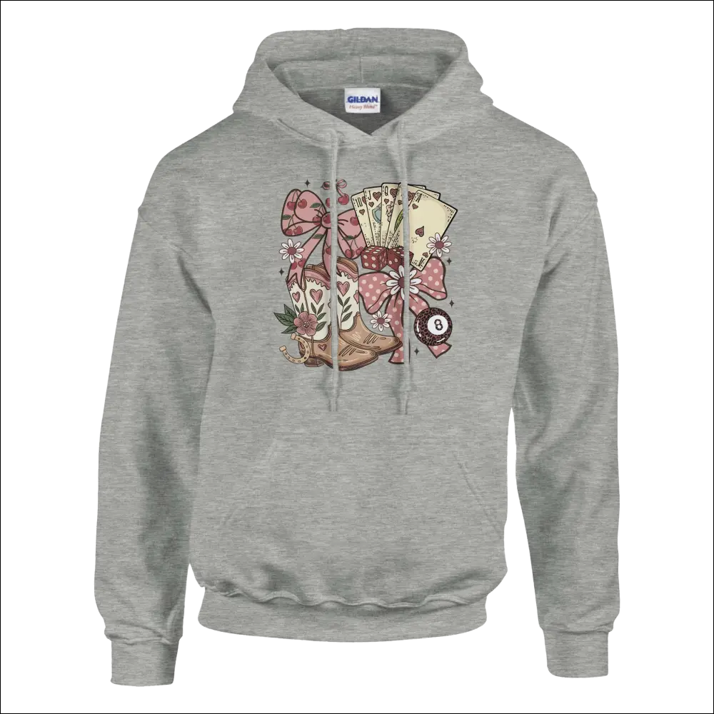 Gray Gildan Unisex Country Charm Hoodie with colorful cowboy boots graphic